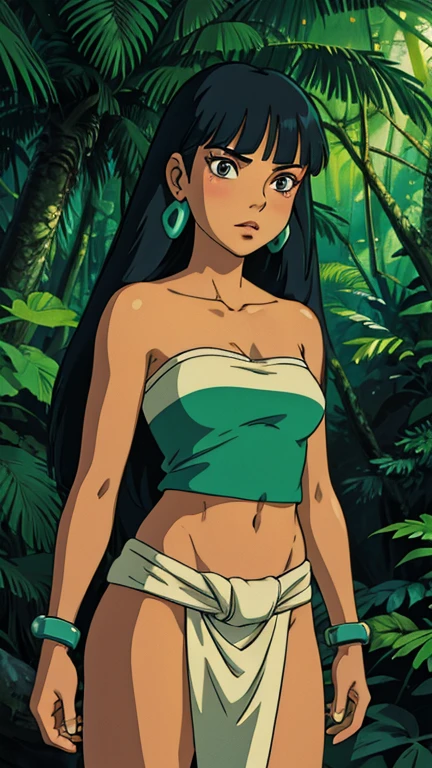 (a girl as ChelWaifu), (extremely detailed CG unit 8k wallpaper),(master part), (best quality), (ultra detail), (best illustration),(ghibli style), cowboy shot,(Sharp eyeliner, ombre, detailed eyes:1), rainforest, outdoors, GHIBLI_Background,break,upper body, dark skin, blunt bangs, long hair, black hair, jewelry, earrings, bracelets, makeup, tube top, loincloth,