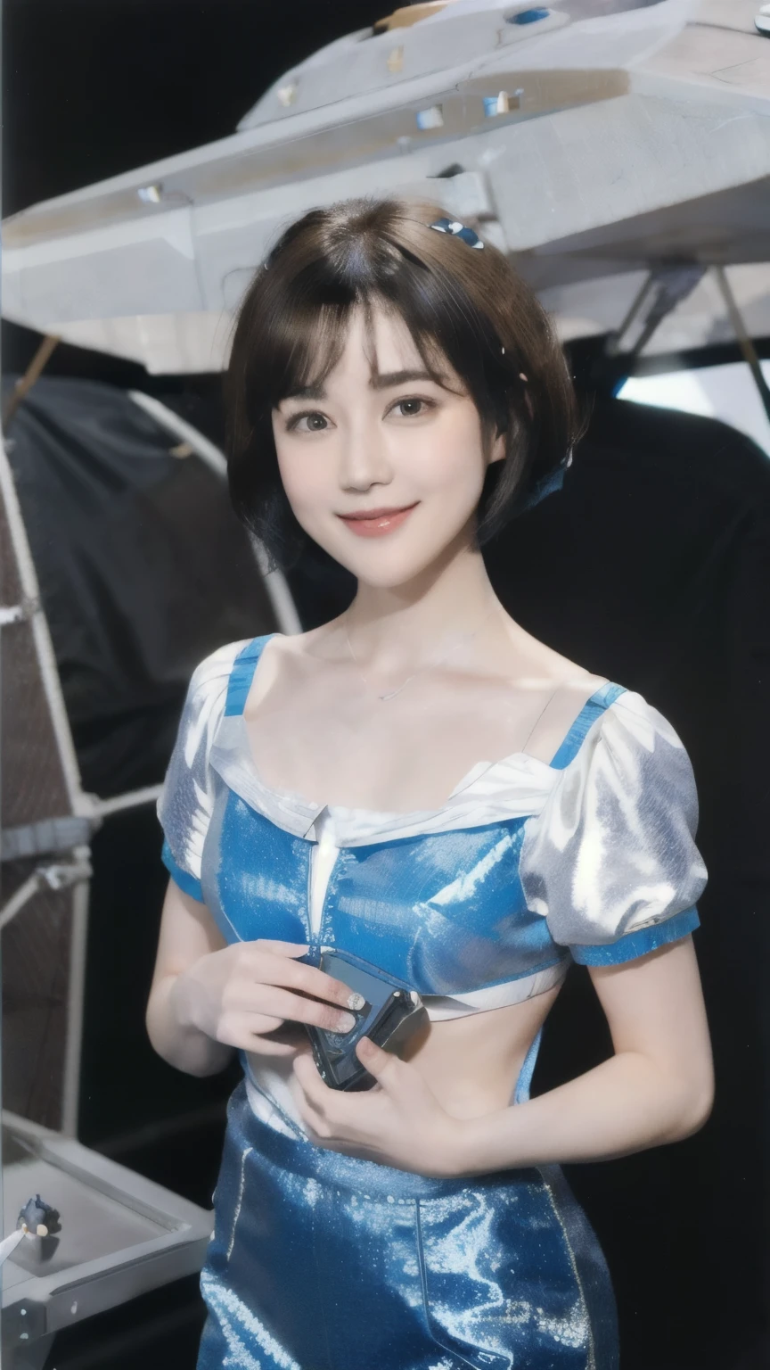 268 (20-year-old princess,Are standing), ((short hair:1.46)), (chest:1.46), Old-fashioned smile, (flower), (Spaceship:1.46)