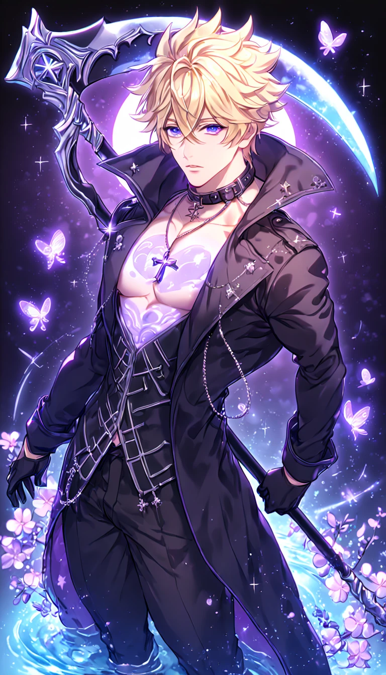 absurdres, highres, ultra detailed, HDR, master piece, best quality, Frau, blonde hair, spiked hair, hair between the eyes, expressive blue eyes, 07 Ghost, solo, sexy man holding a scythe, handsome, sensual, manly man, black trench coat with high collar, collar, cross necklace, showing the chest, fantasy, black gloves, black pants, magical, shining, purple flowers, blossoms, water, purple petals, purple butterflies, sparkling, purple moon, starry sky