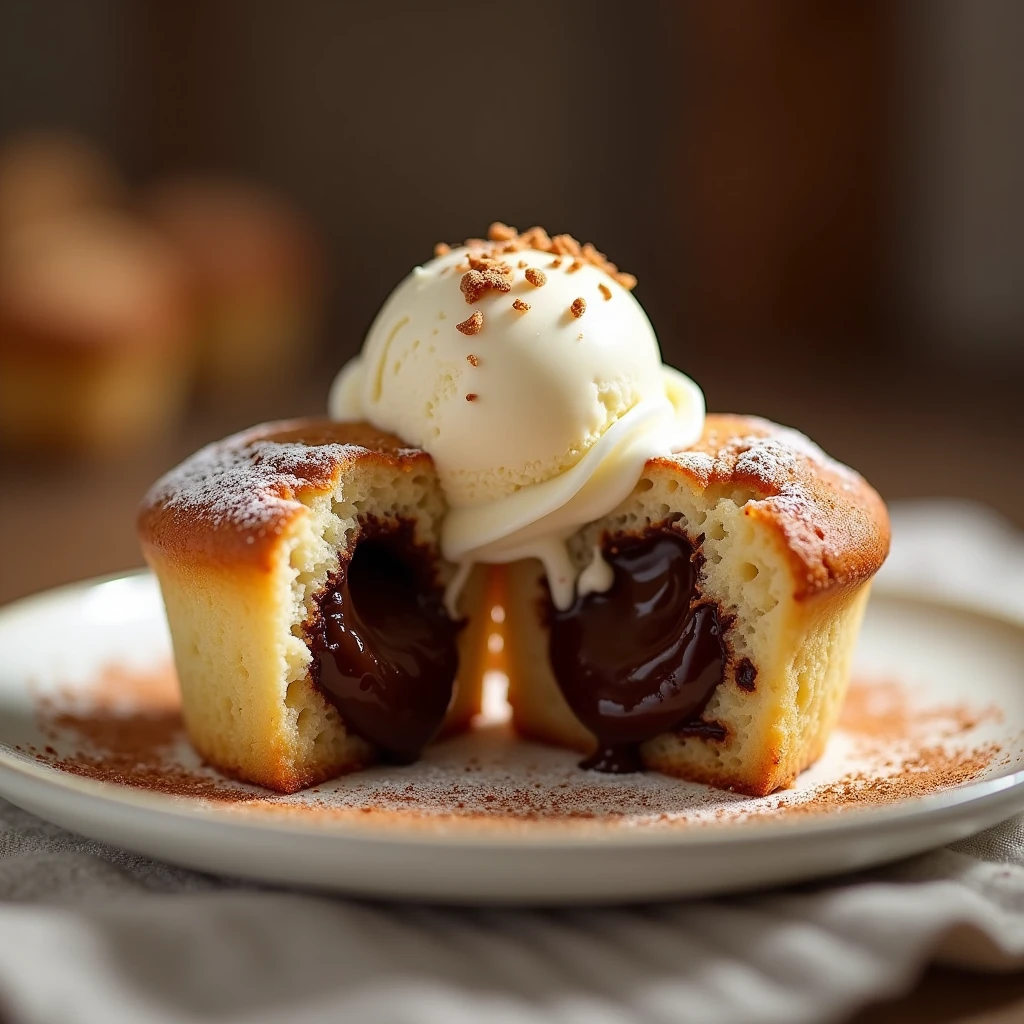 Muffin with melted chocolate inside and a scoop of vanilla ice cream on top of the muffin 
