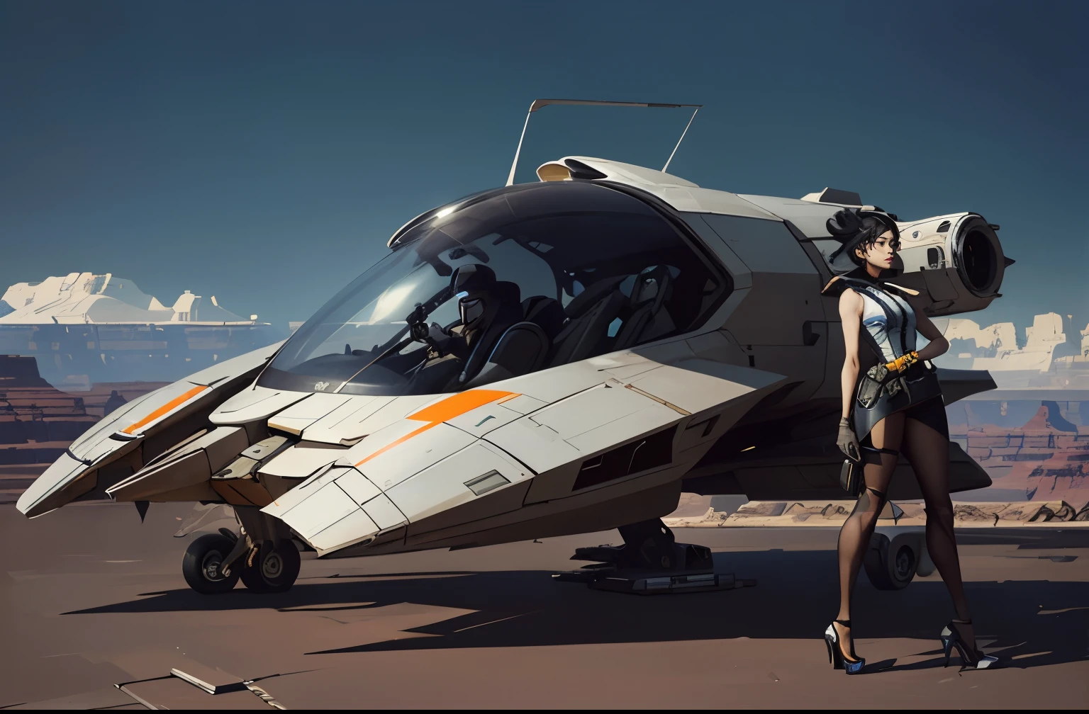 Picture of a girl, edushego na speeder without a helmet, Hair fluttering in the wind, sergey kolesov concept art, style by Craig Mullinza, inspired Craig Mullins, Obituary of Craig Mullins, Nicolas Bouvier Sparta, Craig Mullins, Spider, concept art of the speeder, bastien grivet, Syd Mead style, Cinematography by Syd Mead, Syd Mead style, sergey kolesov, against the backdrop of the Grand Canyon, lower body naked, high heel shoes