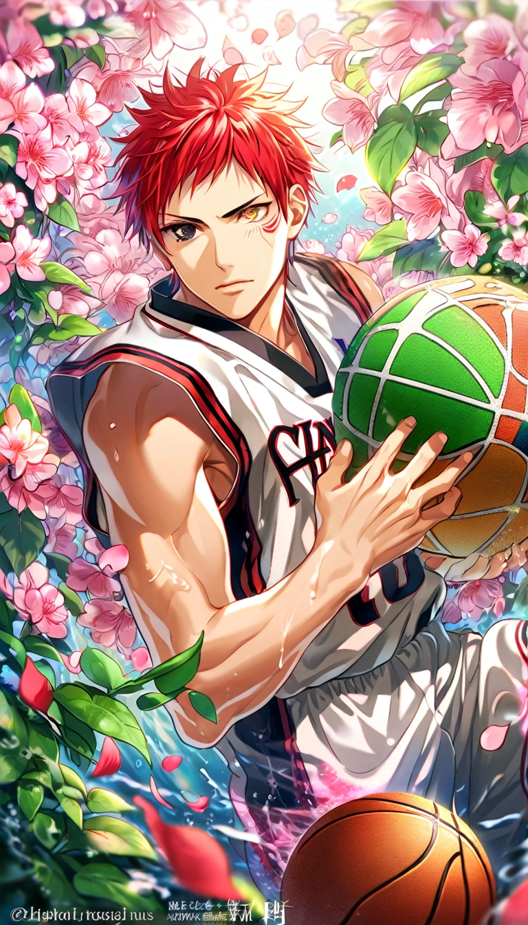 Ultra detailed, HDR, Highres, absurdres, master piece, Akashi Seijuro, bright red hair, short bangs, heterochromia, expressive red right eye, left orange eye, white basketball uniform, Kuroko No Basket, sexy man, handsome, pink flowers, petals, fantasy, magical, green leaves, handsome, best quality, glittering, sensual, horny, water, pink shining fireflies, solo, manly man,