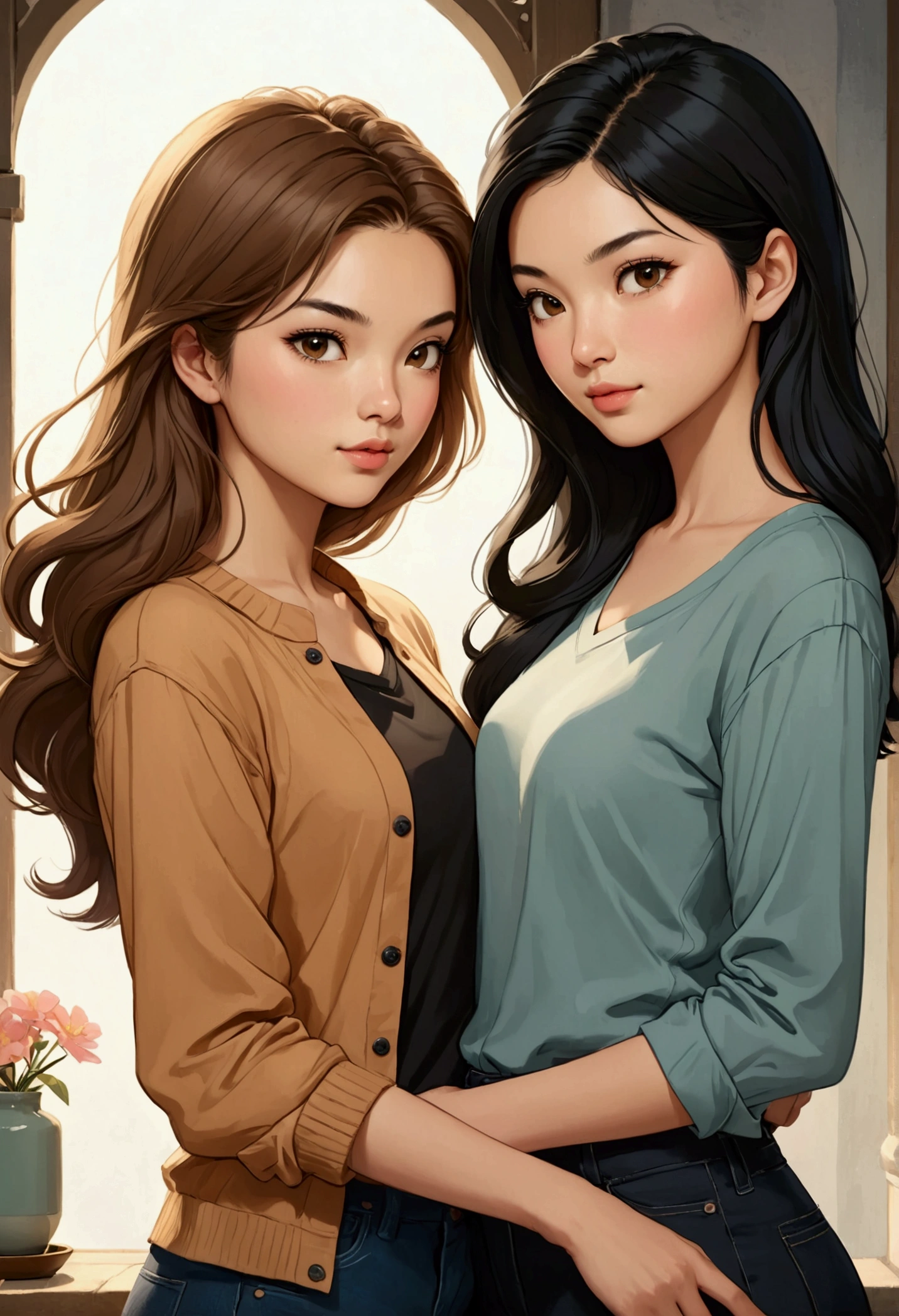 Two beautiful women in love, in a tender attitude towards each other, Sarah Kay style, one British, with semi-short light brown hair, dressed in modern CASUAL, and the other woman with delicate Asian features, with long black hair, dressed in modern casual.