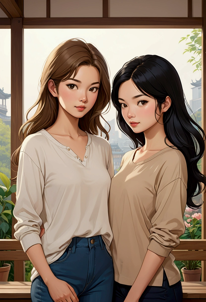 Two beautiful women in love, in a tender attitude towards each other, Sarah Kay style, one British, with semi-short light brown hair, dressed in modern CASUAL, and the other woman with delicate Asian features, with long black hair, dressed in modern casual.