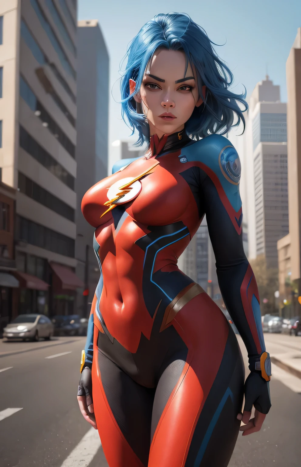 ((Flash woman)) , blue hair , medium hips, big breasts, (( ultra realistic )), TM Ninja white, thunder Icons, red colors, vector style, digital art, 4k, intricate details, Mesmerizing, professionally made, Beautiful vector Illustration, 12k resolution, ..3d, all characters full-length detailed, ((highly detailed)), ((vibrant)),((Ultra high quality)), ((hyperrealism)), ((photorealism)), [ octan render], in the city, many cars (realistic)