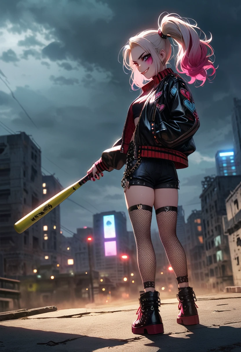 (average：animated cartoon),Harley Quinn standing on the roof of a city building,dark and dramatic atmosphere,focus blur,City skyline in the background,Dark clouds gather overhead,vibrant and contrasting colors,Ominous lighting,Red and black ornaments,Eye makeup stain,Strange and impertinent expression,smiling menacingly,holding baseball bat,abandoned buildings,hair blown by the wind,Leather jacket and shorts,fishnet stockings,Double colored ponytail,Fashion punk,The air is full of secrets and mysteries.