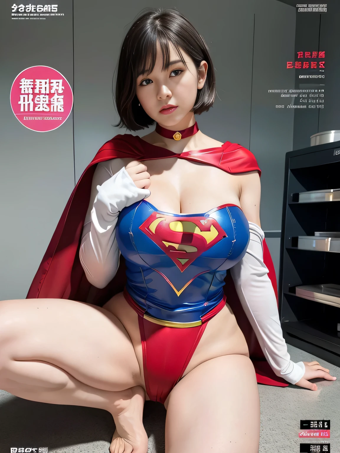 masterpiece、Rubber Supergirl Costume、short hair、barefoot、Big and ample breasts、looking at the camera、choker、Long sleeve、Cape、mini skirt、Off the shoulder、Sweaty skin、In front of the experimental equipment in the lab、Photo magazine cover、Glamorous cleavage、Boasting beautiful legs、High leg leotard、Bare legs、wallpaper for pc、