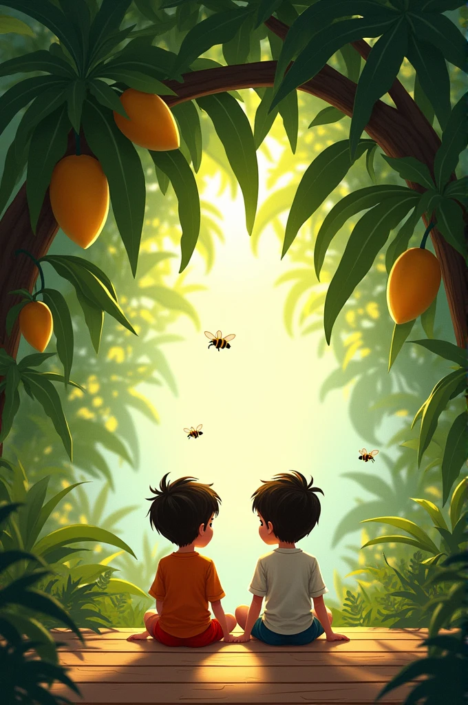 Two boys sitting on a wooden floor situated in a tpo of mango tree and bees are flying around them