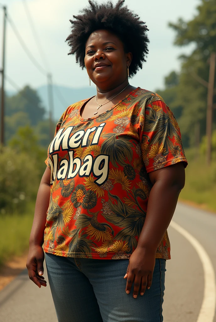 A fat black lady stand beside a road wear a shirt printed Meri Wabag