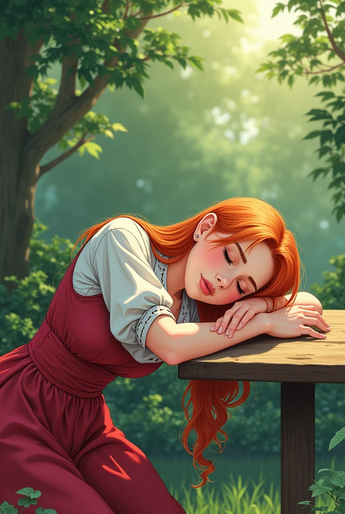 Young woman,​Twenty-five years old, Beautiful face, Long orange hair, Wearing Central European clothing, Big chest, Thin waist, Big butt, Sleeping on a table in the garden, Manga drawing v3.0
