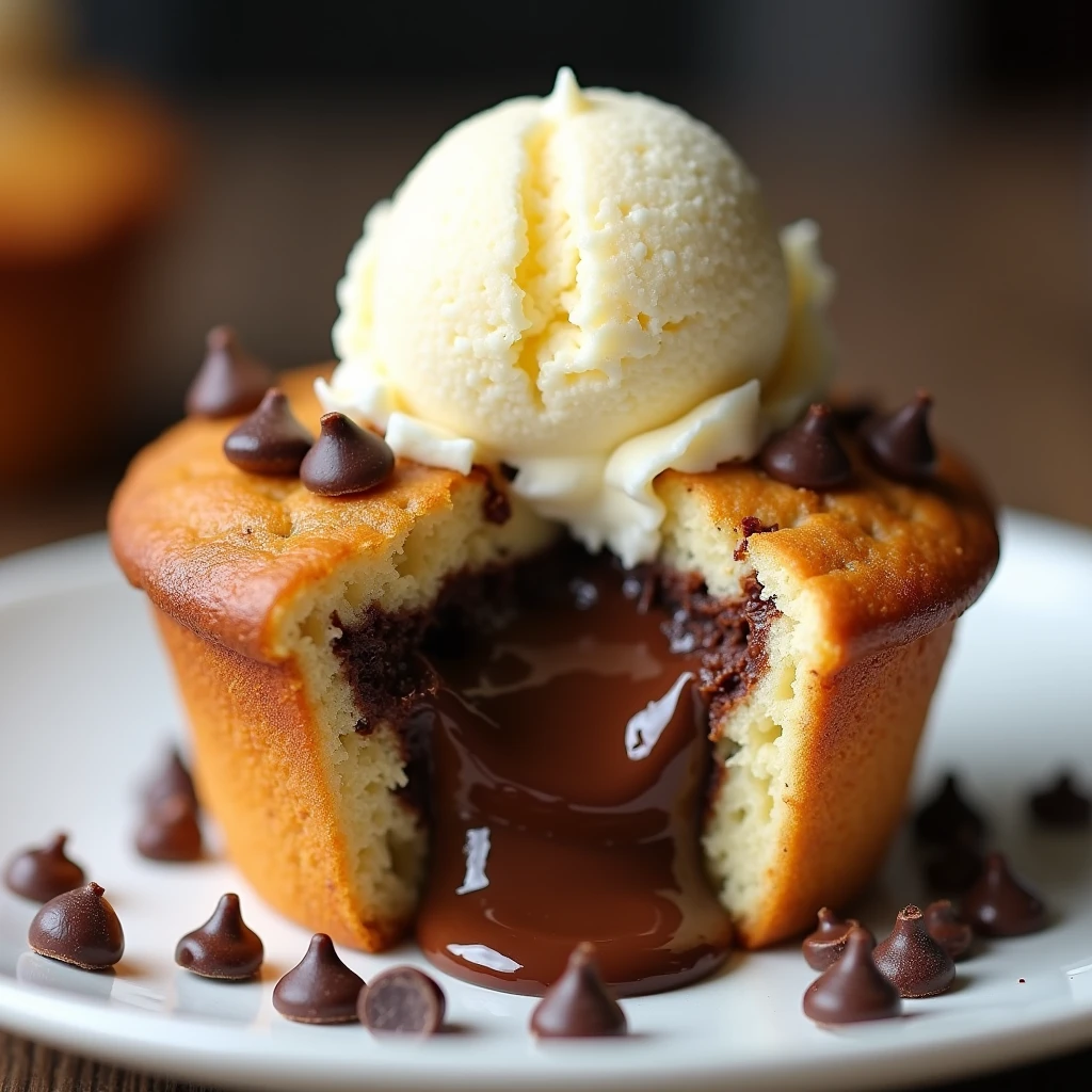 Muffin with melted chocolate inside and chocolate chips and a scoop of vanilla ice cream on top of the muffin