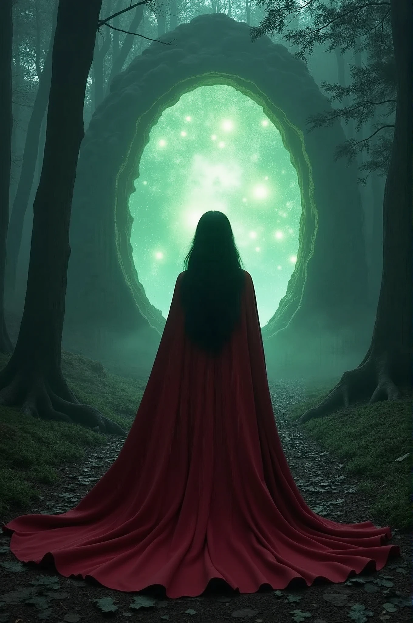 image of a woman with a red cape and long black hair, in the middle of a dark or gloomy forest, heading towards a magical and enchanted glowing portal 