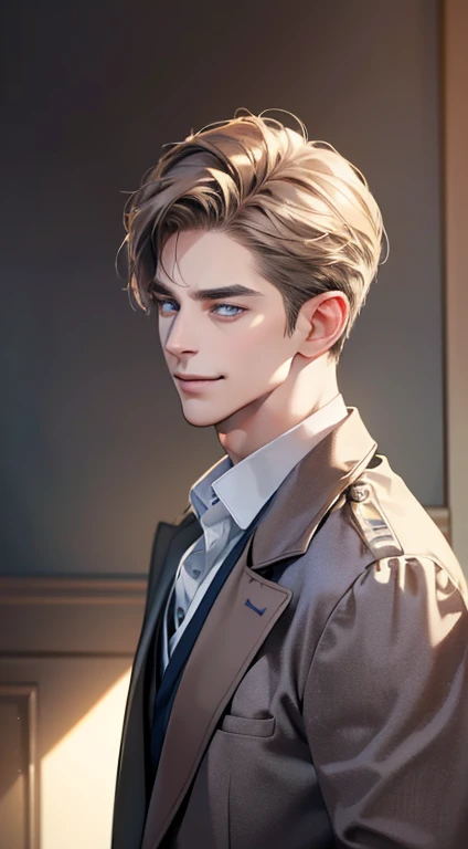 (best quality, masterpiece, 8K, photorealistic, cinematic lighting, 1:4 hdr image, ultra detailed, beautiful image), a mature man, 34 years very handsome, ((cold expression smile in love)), short gray brown hair, blue eyes, face perfect without mistakes, ((buttoning his jacket, CEO))