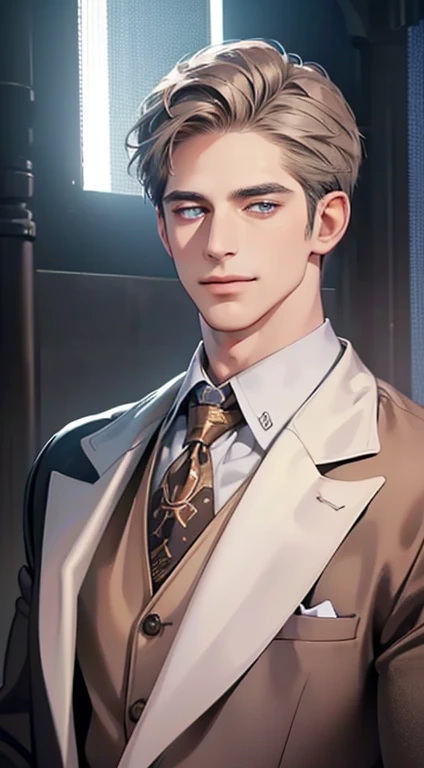 (best quality, masterpiece, 8K, photorealistic, cinematic lighting, 1:4 hdr image, ultra detailed, beautiful image), a mature man, 34 years very handsome, ((cold expression smile in love)), short gray brown hair, blue eyes, face perfect without mistakes, ((buttoning his jacket, CEO))