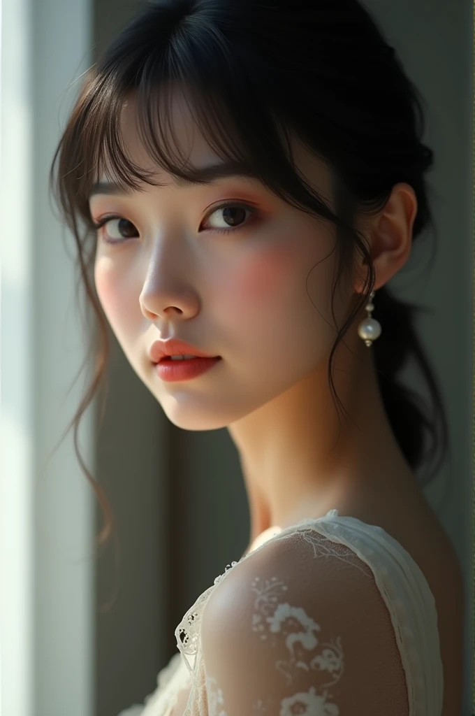 A beautiful and neat lady with her bangs parted
