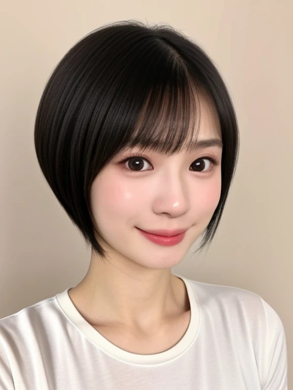 (kawaii 24 year-old Japanese girl, Nogizaka idol, Korean idol), healthy female athlete body, (glossy black hair, short hair, pixie cut, bangs:1.3), (rounded face, pure black eyes, single eyelid, no makeup, splashing best smile:1.2), (breasts emphasized, crew neck white t-shirt, cropped length:1.3), extra small breasts, BREAK, (plain white background:1.3), (dynamic angle, upper body shot:1.2),  BREAK, (masterpiece, best quality, photo realistic, official art:1.4), (UHD, 8K quality wallpaper, high resolution, raw photo, golden ratio:1.3), (shiny skin), professional lighting, physically based rendering, award winning, (highly detailed skin, extremely detailed face and eyes), Carl Zeiss 85 mm F/1.4, depth of field, 1girl, solo,