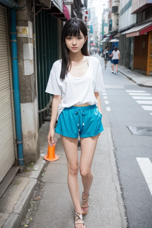 the front view of a japanese woman,street area,telephone poles,garbage collection center under the telephone pole, Japanese girl,Slender body,large breasts,large hip, BREAK (wearing white loose t-shirts), BREAK (wearing blue dolphin shorts), black long flipped hair with blunt bangs, (sandals:1.2),panty line, no bra,smile,one nipples slip, (Downblouse), early morning,i carry a garbage bag,high resolution,standing in front of the trash can,put garbage in the trash can,shooting through the trash can,(from head to knee shot),leaning forward,(from above),looking at another,