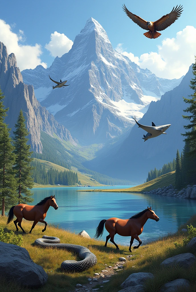 Draw a mountain in the background and the following animals: a viper, a horse, a shark, an eagle
