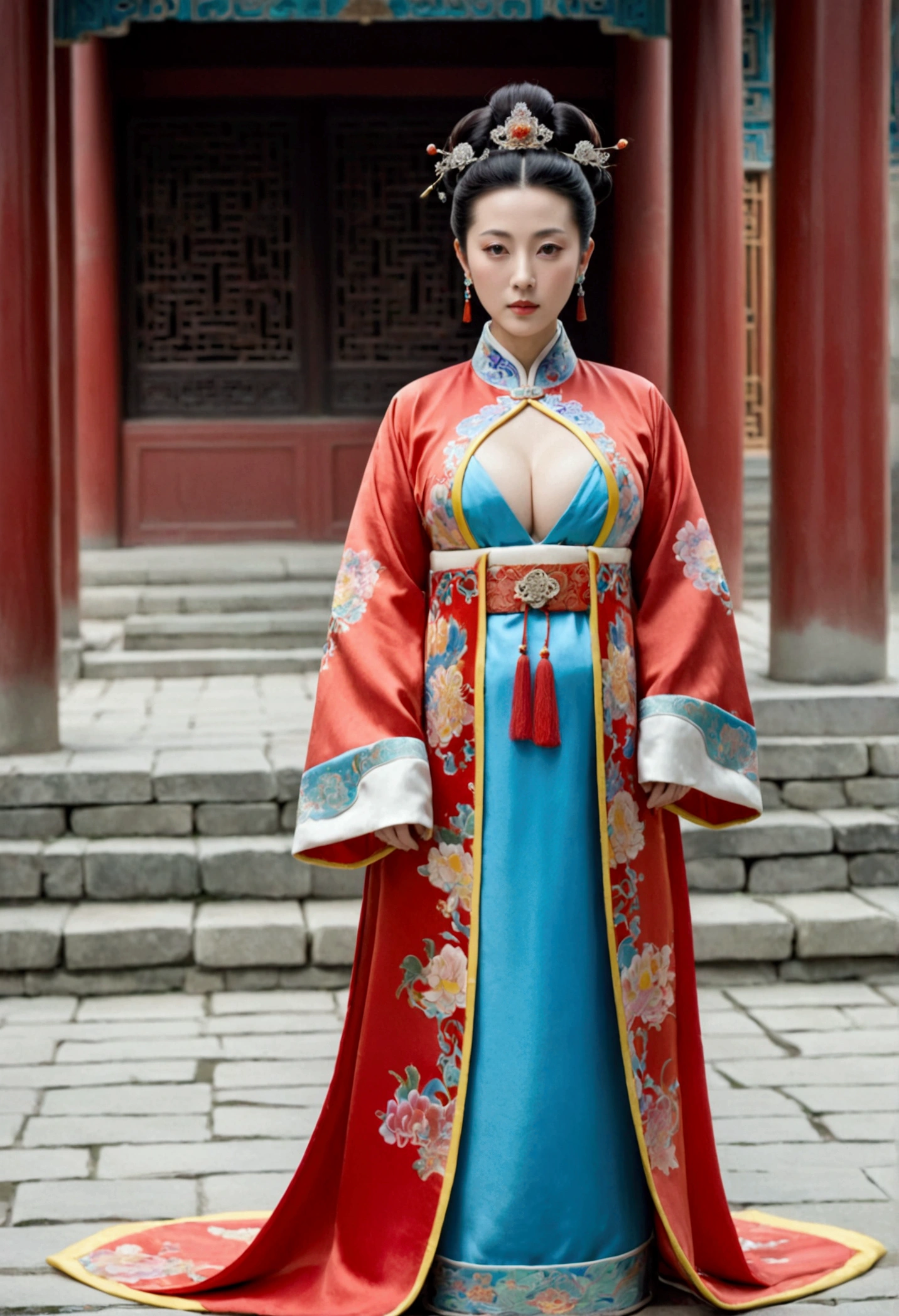 A woman seen from the front, standing full-body, facing forward, wearing a crown and floral hairpin of a Qing dynasty empress in the Chinese imperial court of the Qing dynasty, showing her chest, lower abdomen, thighs and feet。She is wearing no underwear, and her large breasts are exposed, right down to her bare stomach. Her body is tied up and pulled up, and the background is the stone pavement of the Chinese palace during the Qing dynasty.