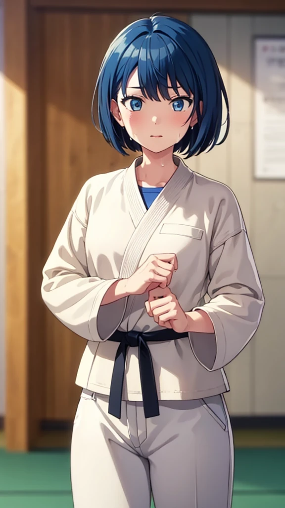 ((masterpiece, Highest quality, Very detailed, Very nice 8K CG wallpaper)), , A little thick, Medium Hair, Blue Hair, short hair, blue eyes,judo player、長袖judo着、Large bust、ロングjudoパンツ、judo、Cute expression、Inside the judo Gymnasium、、On the tatami、discovery、One Girl、whole body、rest、Haruka Kiritani、Bust Size C Cup、Sweating