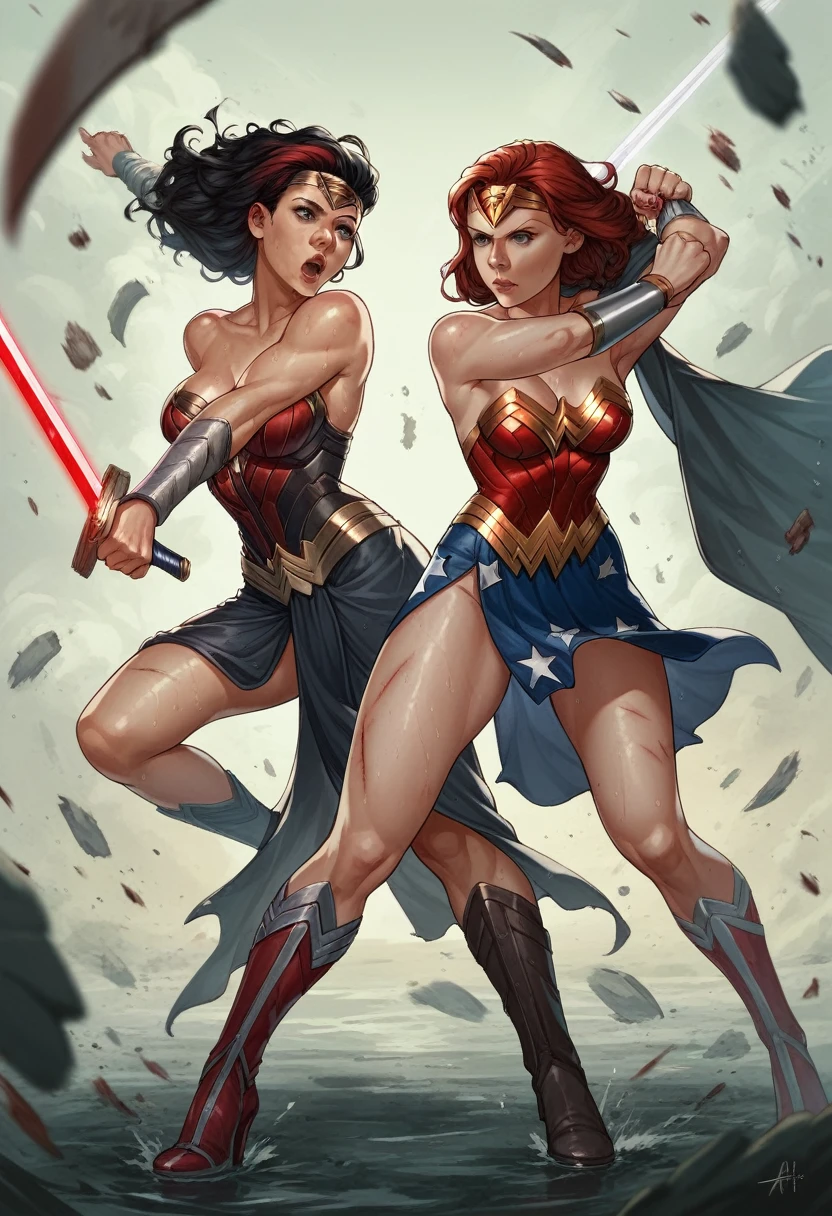 Two women, Scarlett Johansson, Gal Gadot, fighting, scantily clad, wet, wounds, High heels, black widow, Wonder Woman, epic battle, sword, pistols 