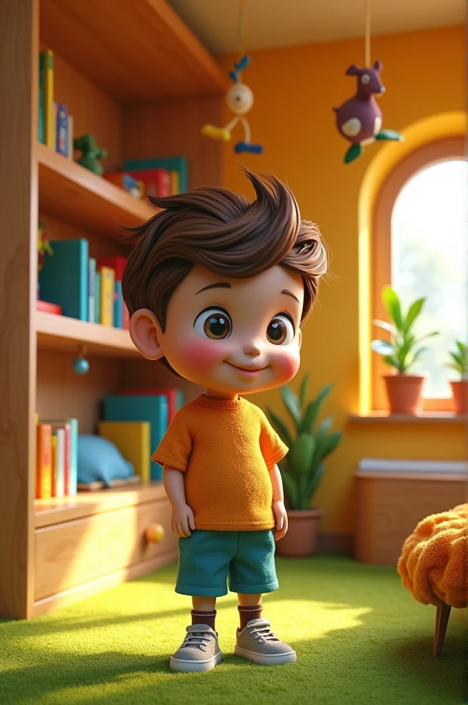 Timmy’s Proud Moment: "A young boy looking proud and happy while standing in his neatly organized room, with toys and books properly arranged around him."