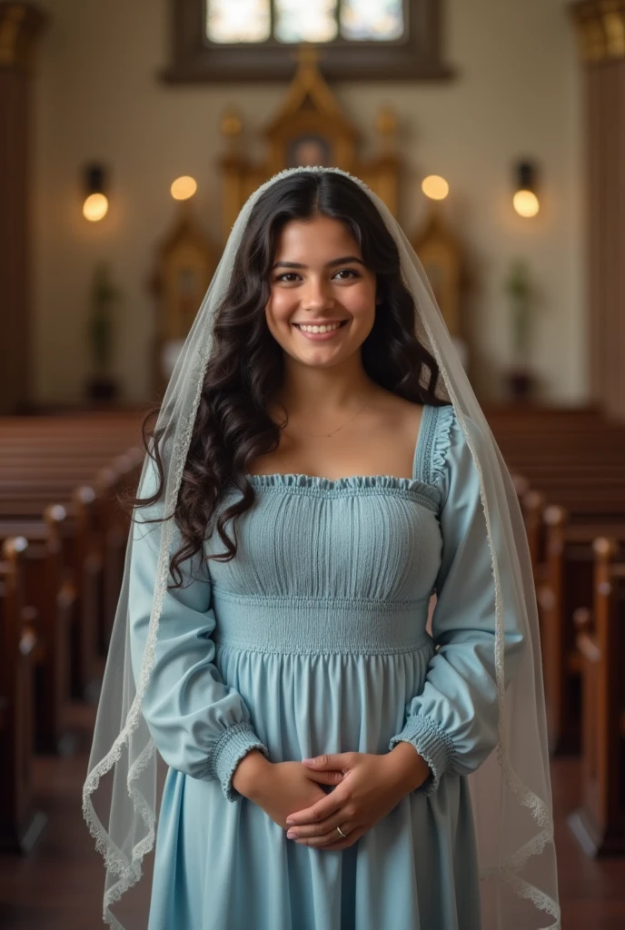  17 year old fat girl smiling, white skin and brown eyes with almost long curly dark colored hair standing in a catholic church , with a light blue dress, modest and long, peasant style and without necklines , and a beautiful veil in her hair that was used in masses for unmarried girls in the past 
