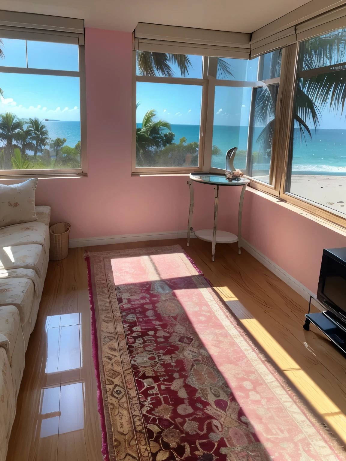 (masterpiece, best quality:1.2), professional lightings, cinematic lightings, 8k wallpaper, (in living room, TV, view palms tree via window:1.1, ocean and beach view via window:1.2, pink painted wall, carpet, wooden floor, house plants, ground floor), ((((there are lingeries & scarf, on the low glass table)))), on carpet,