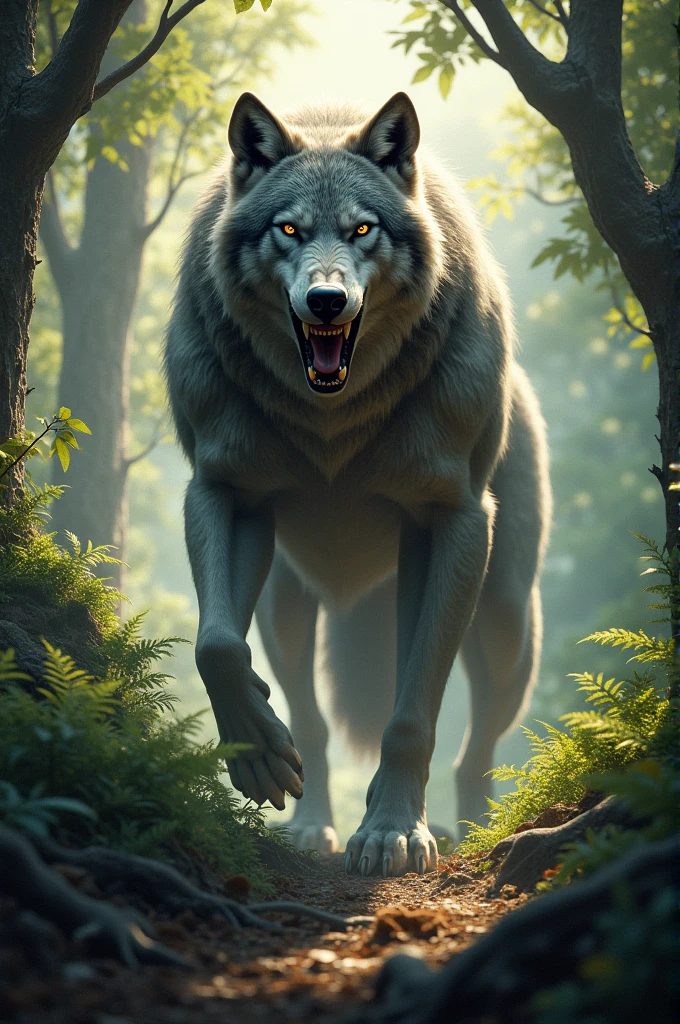 Muscular wolf in woods