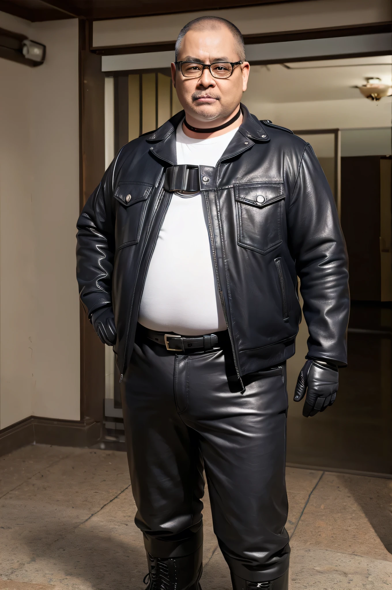 55 year old slightly chubby dad, standing sideways, bald, without hair, Asian face, big eyes, big belly, a little short beard, kind, wearing glasses, boots, leather gloves, dog collar around the neck, collar, wearing leather underwear, naked lower body, high-definition picture