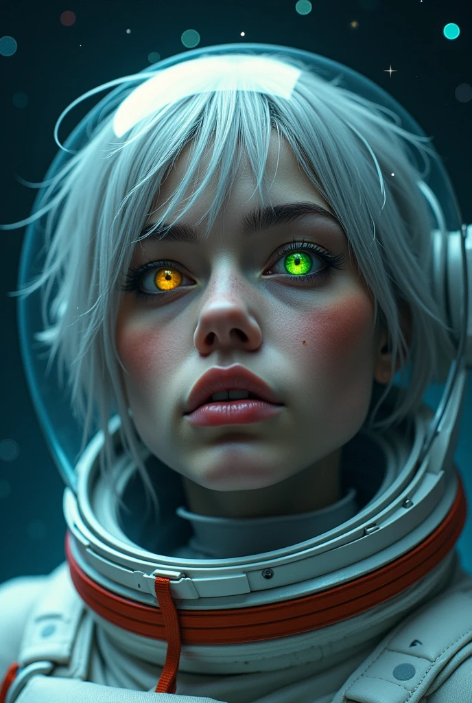 (Close-up of a better masterpiece:1.5)0.9], (Space and astronauts:1.2) (Messy silver hair:1.1) (Heterochromia xanthochromia and blue eyes:1.2) (Space Helmet:1.0) (Colored stars in the eyes:1.0) (A radiant glow:1.1) (thick lips:0.9)