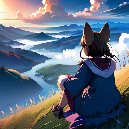 Requiem anime landscape of a girl&cute corgidog sitting on a hill with grasses with dark blue clouds, blue cere madder sky lightly big bell with few clouds, anime nature wallpapers, beautiful anime scene, beautiful anime peace scene, Makoto Shinkai Cyril Rolando, beautiful scene of anime, amazing wallpaper, anime art wallpaper 8k, anime background, art anime background, anime 4k wallpaper, anime art 4k wallpaper, anime art 4k wallpaper, prayer of requiem prayer of requiem