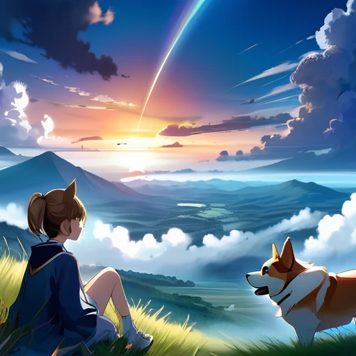 Requiem anime landscape of a girl&cute corgidog sitting on a hill with grasses with dark blue clouds, blue cere madder sky lightly big bell with few clouds, anime nature wallpapers, beautiful anime scene, beautiful anime peace scene, Makoto Shinkai Cyril Rolando, beautiful scene of anime, amazing wallpaper, anime art wallpaper 8k, anime background, art anime background, anime 4k wallpaper, anime art 4k wallpaper, anime art 4k wallpaper, prayer of requiem prayer of requiem