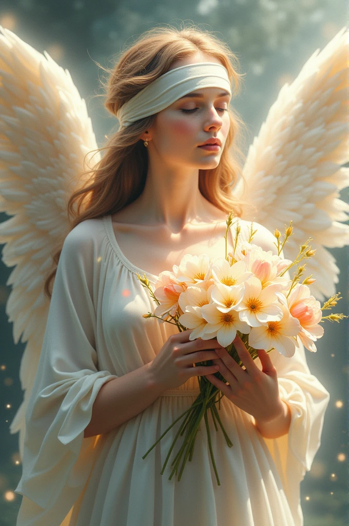 draw me a picture of an angel wearing a blindfold and holding flowers