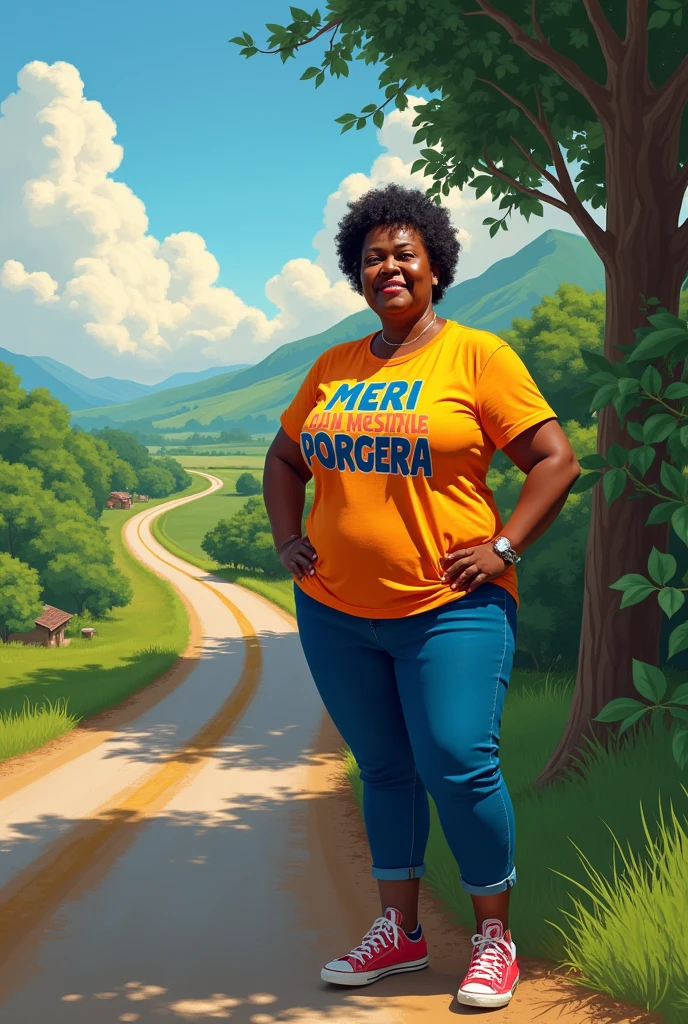 A fat black lady stand beside a road wear a shirt printed MERI PORGERA