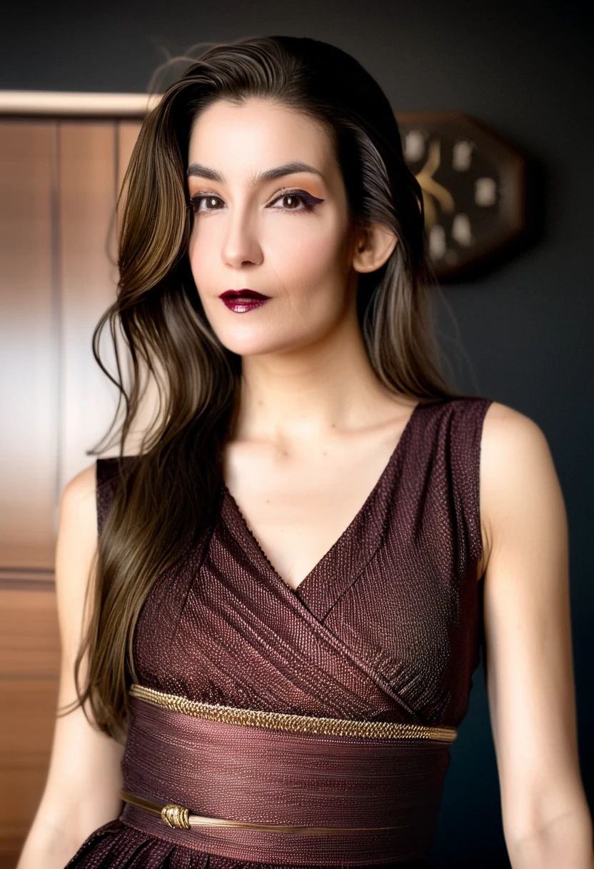 22 yrs Beautiful woman, Dark waist length long flowing hair, right side hair part, Flowing sleeveless Dress, (close-up, editorial photograph), [[Wide-angle photo]], (background inside dark, moody, private study:1.3), full body portrait, by lee jeffries, nikon d850, film stock photograph, 4 kodak portra 400, camera f1.6 lens, rich colors, hyper realistic, lifelike texture, dramatic lighting, cinestill 800, eye contact, faint smile, 1920s style, , soft makeup, Dark Hazel eyes, Eye contact, young woman in her 20's,
