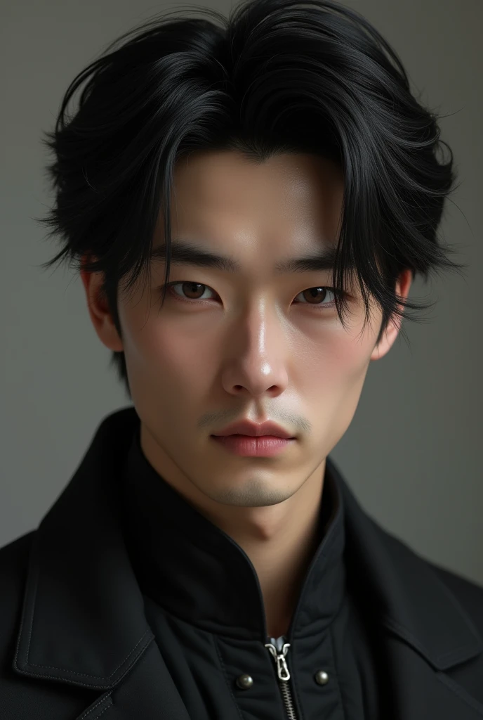 create a super realistic 18 year old. He has to have oriental features, Very beauthful, Cao Cao, brawny, black hair and eyes. It has a serious yet mysterious appearance.. Short hair and he&#39;s looking at a redhead dent

