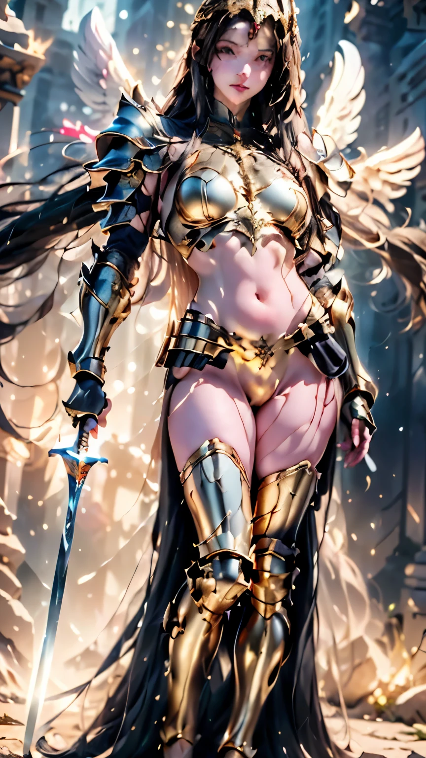 arafed woman in a golden costume with a sword and armor, bikini armor female knight, sleek gold armor, gold armor, golden armor, gold heavy armor. dramatic, golden armour, light gold armor, wearing gold armor, wearing golden armor, gold armour, angelic golden armor, cinematic goddess body shot, gold obsidian armor, wearing witchblade armor, armor girl, 
([long hair hair]:1.8), (full body:1.8), (upper body up:0.3), (hyper realistic:1.4), (realistic:1.3), (best quality real texture skin), Detailed eyes, detailed face, PERSEPHONE, (SFW:1.5) Hyperrealistic, LESS saggy breasts, (SMALL BREASTS:1.5), (HUGE LEGS:1.5), (LESS THIGHS:1.5), pernas perfeitas, pernas perfeitas, pernas lisas, pernas lisas e perfeitas, pernas torneadas, coxas torneadas, pernas lisas, coxas lisas. (pose erótica:1.5), (sobrancelhas espessas:1.2), (Grandes olhos roxos:1.2), (olhos ultra detalhados:1.4), (Olhos de alta resolução:1.1), (textura de pele ultra detalhada:1.4), (Belo corpo tonificado:1.1), arco de cabelo, (Pele úmida:1.1), (rosto sensual:1.5),
