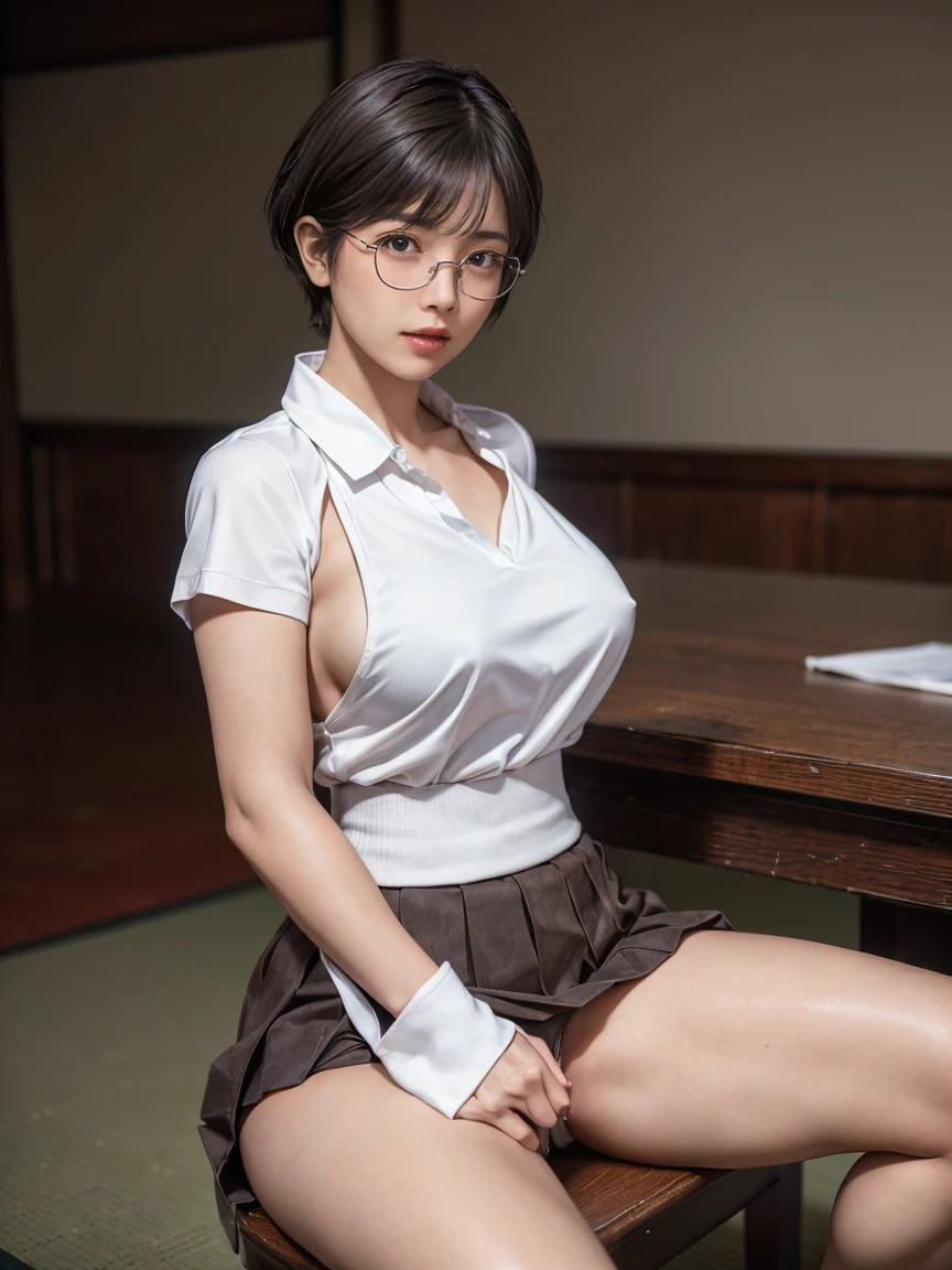 8k, RAW Photos, Highest quality, masterpiece, Realistic, Realistic, (1 Ultimate beauty), Mature Woman,(Strictly adhere to a composition where only one person appears in the photo)、(In the conference room)(Wear rimless glasses)((Wearing tennis clothes))((Wear a brown flared mini skirt))(Married women) Highly detailed face, (Perfect Teeth), fine grain, double eyelid, eyelash, Lip details, (((Black short bob hair))), (((Very large breasts)))Big Breasts,((Increase nipple protrusion))(((Sitting at a desk、She spreads her legs to emphasize her crotch)))(((She holds her knees and spreads her legs wide)))(((Spread your legs in an M shape)))(((Emphasize the bite of the crotch)))Cowboy Shot, Soft Light, ((Written boundary depth))
Proceed with caution,((30 years old, Japanese women)), (((moderately fleshy body, Tight waist))), (((Front view, Realistic buttocks,))Front view