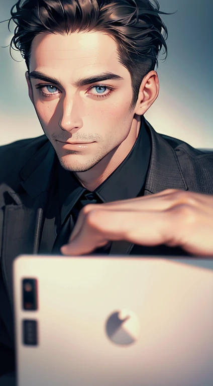 (best quality,4k,8k,highres,masterpiece:1.2),ultra-detailed,(realistic,photorealistic,photo-realistic:1.37),1 man,31 years old,mature man,very handsome,without expression,smile,short grey black hair,blue eyes,penetrating gaze,perfect face without errors,imposing posture,businessman,office background,cinematic lighting,hdr image