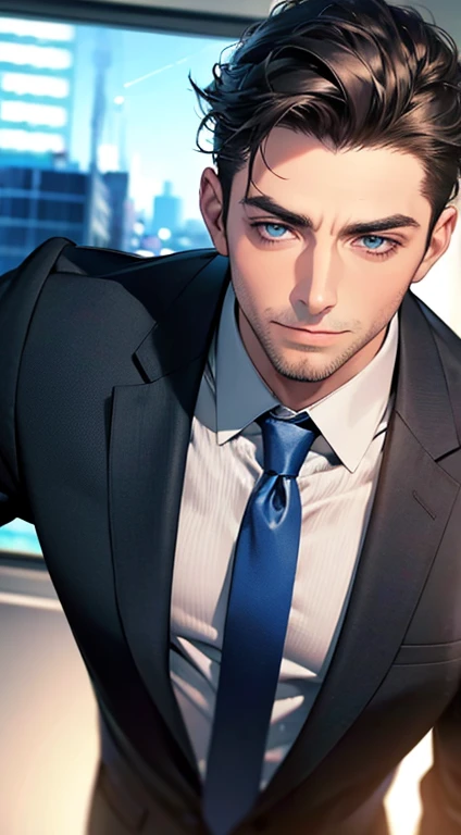 (best quality,4k,8k,highres,masterpiece:1.2),ultra-detailed,(realistic,photorealistic,photo-realistic:1.37),1 man,31 years old,mature man,very handsome,without expression,smile,short grey black hair,blue eyes,penetrating gaze,perfect face without errors,imposing posture,businessman,office background,cinematic lighting,hdr image