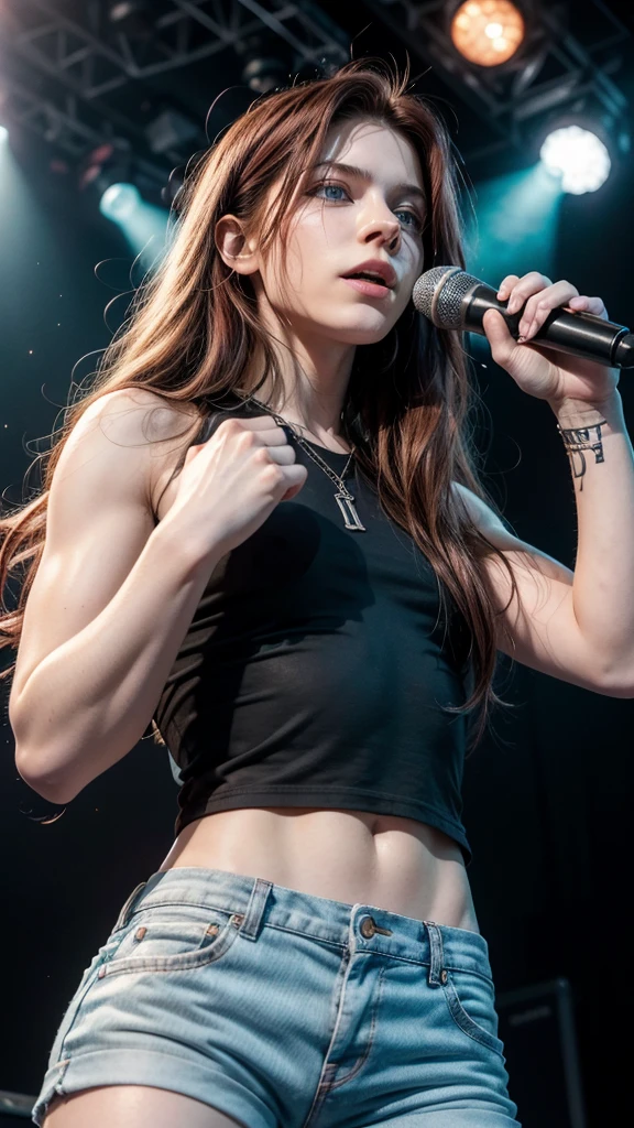 Create a realistic image of an 18-year-old male rock singer. He is white with long, waist-length red hair and blue eyes. His body is natural and athletic. He has a youthful and androgynous face, with striking beauty. He exudes the charisma and style of a rock star. Like a face Avril Lavigne Singer in 2002. Eyes perfect. Eyes BLUE detailed. Standing in front of the microphone. Wearing short jean shorts and no shirt.