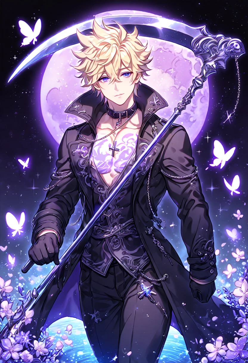 absurdres, highres, ultra detailed, HDR, master piece, best quality, Frau, blonde hair, spiked hair, hair between the eyes, expressive blue eyes, 07 Ghost, solo, sexy man holding a scythe, handsome, sensual, manly man, black trench coat with high collar, collar, cross necklace, showing the chest, fantasy, black gloves, black pants, magical, shining, purple flowers, blossoms, water, purple petals, purple butterflies, sparkling, purple moon, starry sky