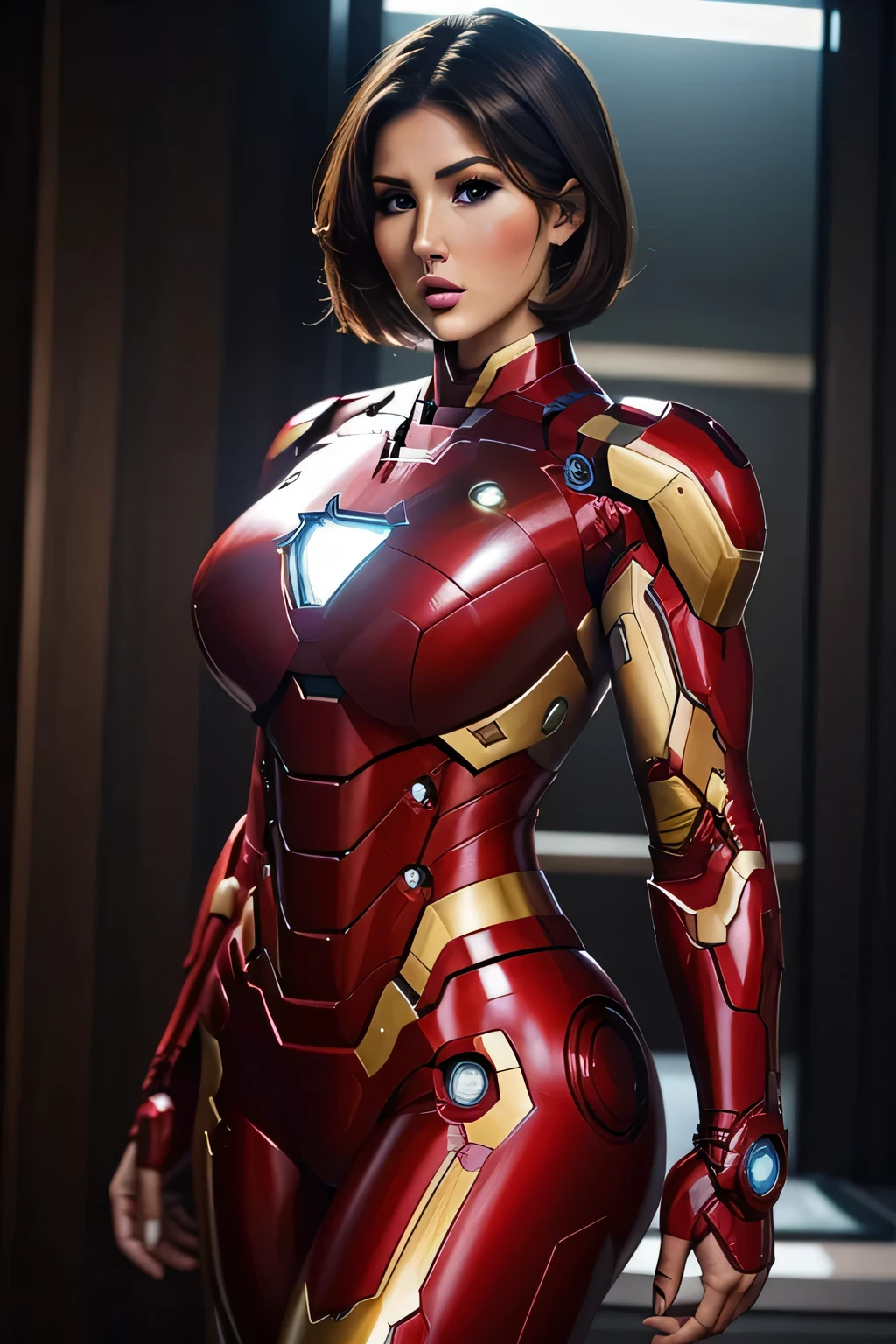 1 beautiful woman, dressed as a iron man, nice body, short hair, sexy look, looks like model Lucy Pinder, very intense makeup, voluptuous woman.