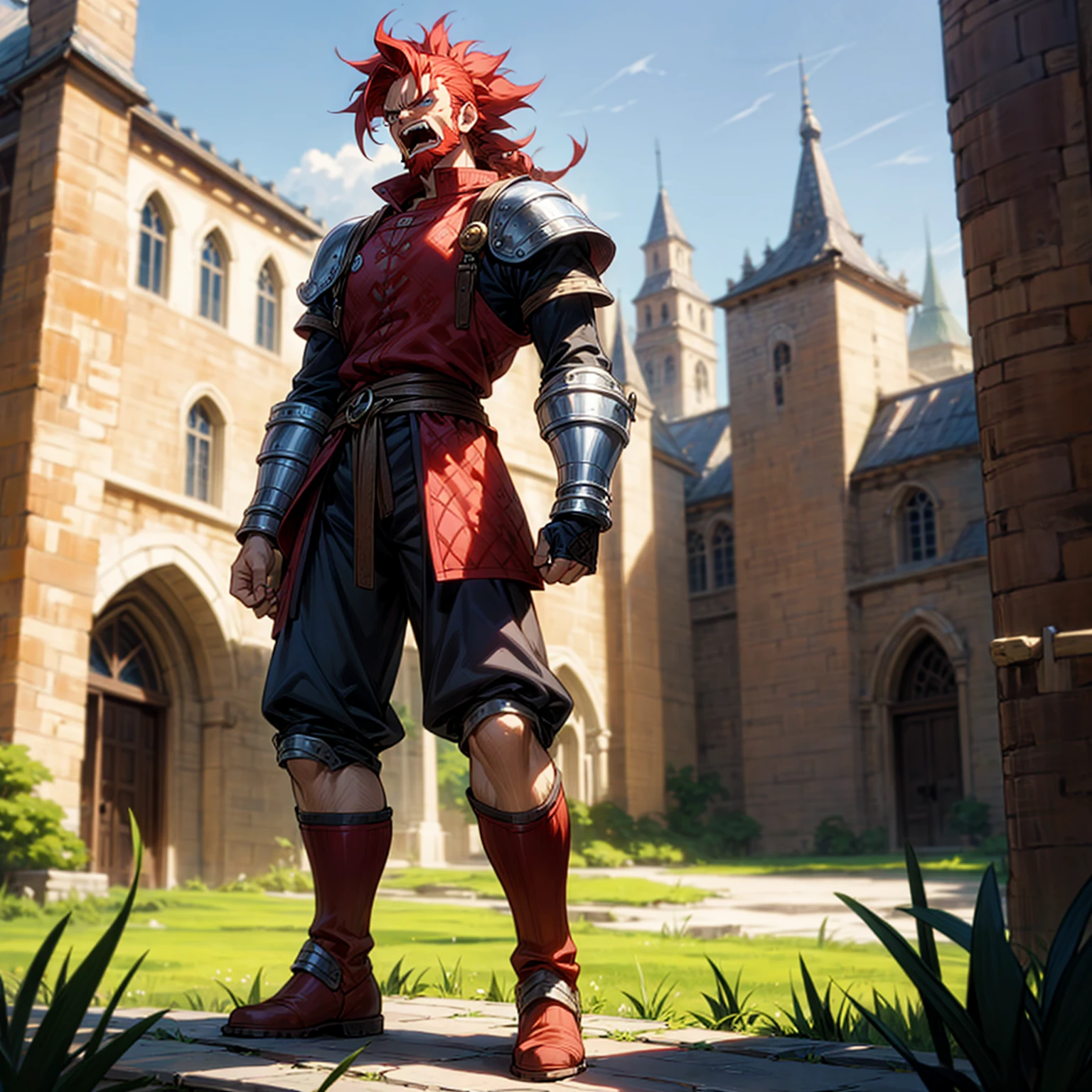 Solo character, full body version, old man, chin beard, big muscle, blue eyes, red hair, long curly mohawk, casual clothing, short pants, Boots, outdoor, village, medieval, morning, standing gesture, detailed background, detailed clothing, detailed hair, angry eyes, open mouth, (one piece style art)