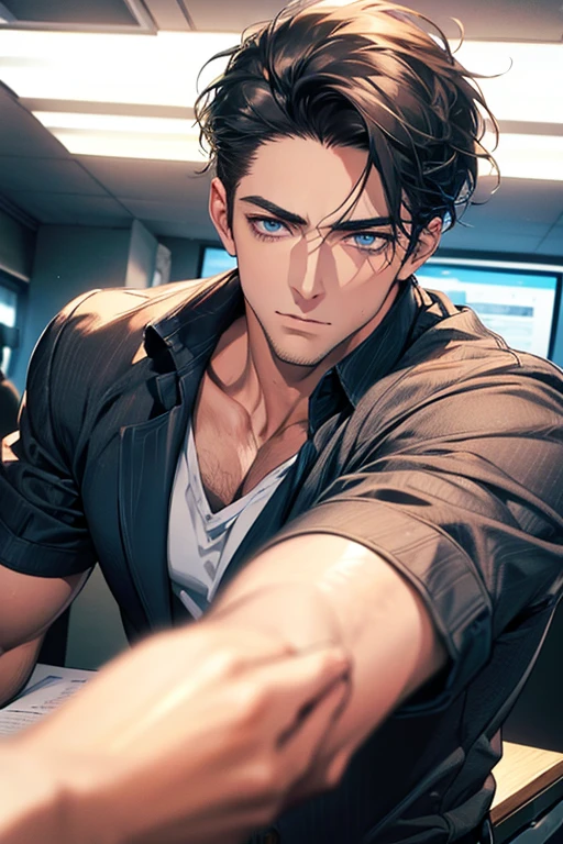 (Best Quality,4k,8k,high resolution,Masterpiece:1.2),ultra detailed,(realist,photorealist,photo-realist:1.37),1 man,31 years,mature man,very handsome,without expresion,muscled body,short gray black hair,Blue eyes,glare,perfect face without mistakes,imposing posture,businessman,office background,cinematic lighting,imagen HDR