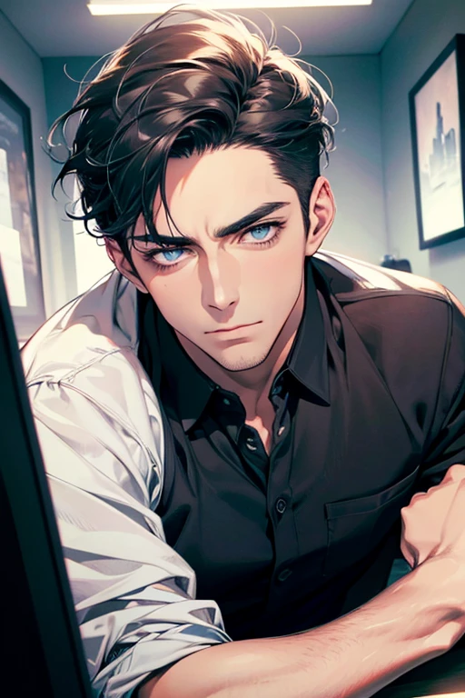 (Best Quality,4k,8k,high resolution,Masterpiece:1.2),ultra detailed,(realist,photorealist,photo-realist:1.37),1 man,31 years,mature man,very handsome,without expresion,muscled body,short gray black hair,Blue eyes,glare,perfect face without mistakes,imposing posture,businessman,office background,cinematic lighting,imagen HDR