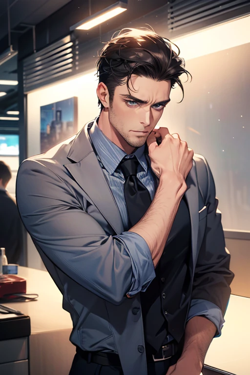 (Best Quality,4k,8k,high resolution,Masterpiece:1.2),ultra detailed,(realist,photorealist,photo-realist:1.37),1 man,31 years,mature man,very handsome,without expresion,muscled body,short gray black hair,Blue eyes,glare,perfect face without mistakes,imposing posture,businessman,office background,cinematic lighting,imagen HDR