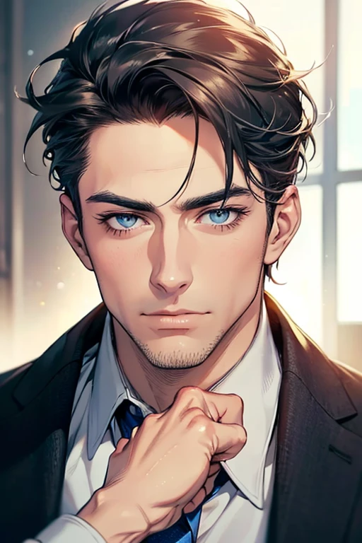 (Best Quality,4k,8k,high resolution,Masterpiece:1.2),ultra detailed,(realist,photorealist,photo-realist:1.37),1 man,31 years,mature man,very handsome,without expresion,muscled body,short gray black hair,Blue eyes,glare,perfect face without mistakes,imposing posture,businessman,office background,cinematic lighting,imagen HDR