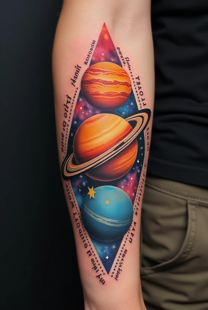 A tattoo on the forearm of planets in synergy and phrases
